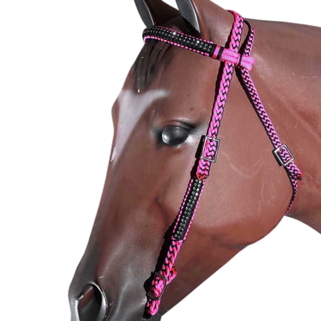 Pink Black Horse Bridle Headstall Flat Braided Paracord Crystal Hilason