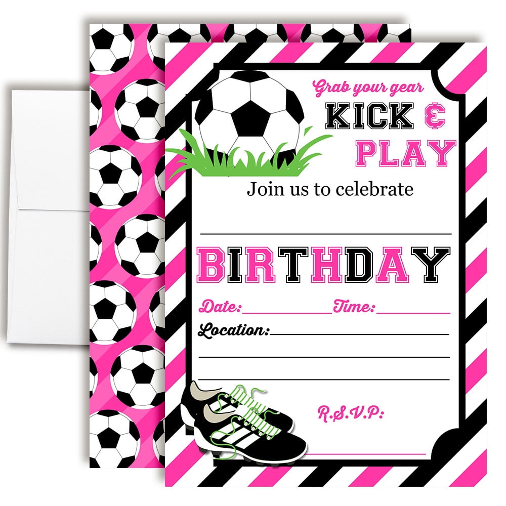 Kick Envelope Pink & Black Kick and Play Soccer Birthday Invitations for Kids, 20 ...
