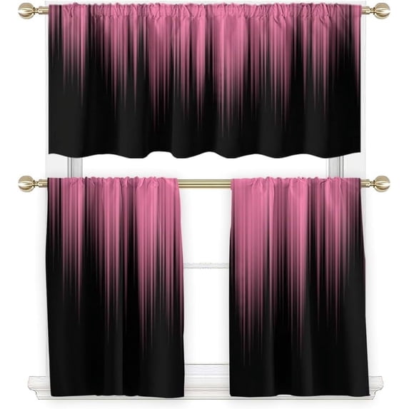 Pink and Black Kitchen Curtains Valance and Tiers Set 3 Piece Ombre Abstract Striped Girls Women Art Fun Small Short Home Living Room Bedroom Bathroom Window Curtains 52x18 inch + 26x36 inch*2