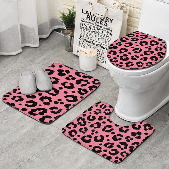 Pink and Black Of Leopard Print Bathroom Rugs Sets 3 Piece,Toilet Cover Set,Absorbent Non Slip Bathroom Mats Sets with U-Shaped Contour Rug Toilet Rug Set