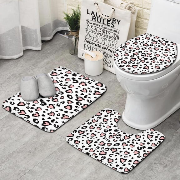 Pink and Black Of Leopard Print Bathroom Rugs Sets 3 Piece,Toilet Cover Set,Absorbent Non Slip Bathroom Mats Sets with U-Shaped Contour Rug Toilet Rug Set