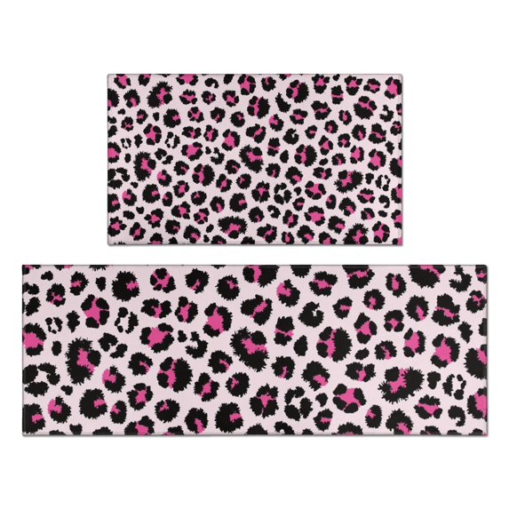 Pink and Black Of Leopard Print Kitchen Rugs Sets Of 2,Anti Fatigue Kitchen Mat Rugs Non Slip Washable,Decorative Kitchen Floor Mats for Kitchen,Sink,Laundry,17"x30"+17"x47"