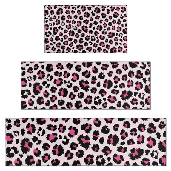 Pink and Black Of Leopard Print Kitchen Rugs Sets Of 3,Kitchen Runner Rugs Non Skid Washable,Decorative Kitchen Floor Mats for Kitchen,Sink,Laundry,17"x30"+ 17"x47" + 17"x59"