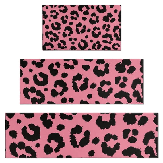 Pink and Black Of Leopard Print Kitchen Rugs Sets Of 3,Kitchen Runner Rugs Non Skid Washable,Decorative Kitchen Floor Mats for Kitchen,Sink,Laundry,17"x30"+ 17"x47" + 17"x59"