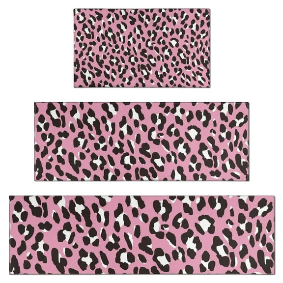 Pink and Black Of Leopard Print Kitchen Rugs Sets Of 3,Kitchen Runner Rugs Non Skid Washable,Decorative Kitchen Floor Mats for Kitchen,Sink,Laundry,17"x30"+ 17"x47" + 17"x59"
