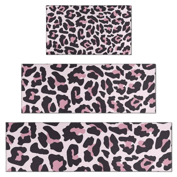 Pink and Black Of Leopard Print Kitchen Rugs Sets Of 3,Kitchen Runner Rugs Non Skid Washable,Decorative Kitchen Floor Mats for Kitchen,Sink,Laundry,17"x30"+ 17"x47" + 17"x59"