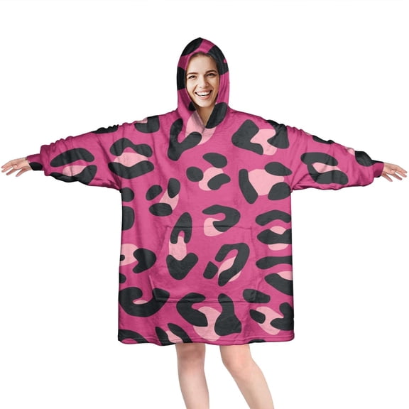 Pink and Black Of Leopard Print Wearable Oversized Blanket,Wearable Blanket Hoodie for Adults,Cozy Hooded Blankets with Super Pockets,Super Warm Fuzzy Pullover for Women & Men