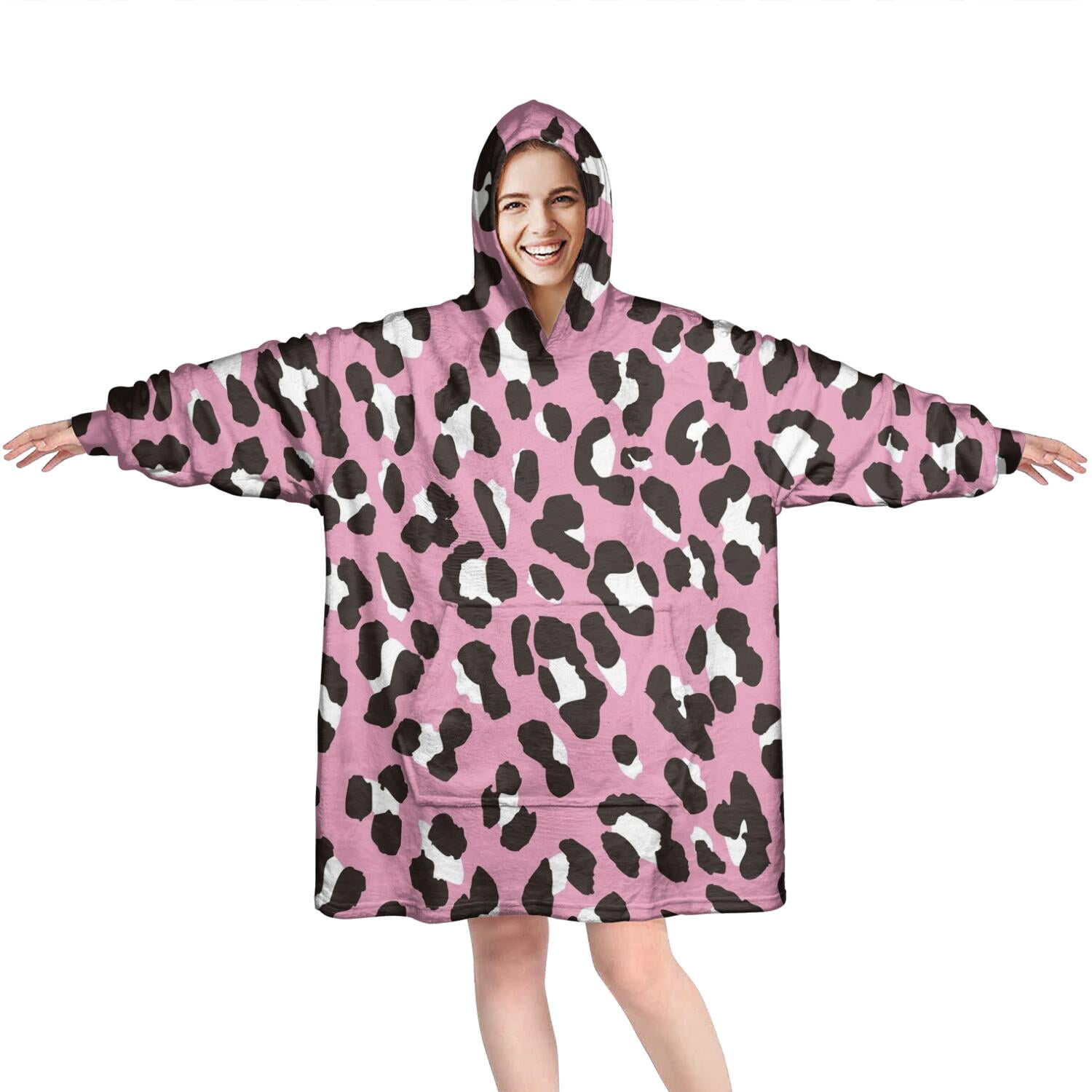 Pink and Black Of Leopard Print Wearable Oversized Blanket,Wearable Blanket Hoodie for Adults,Cozy Hooded Blankets with Super Pockets,Super Warm Fuzzy Pullover for Women & Men