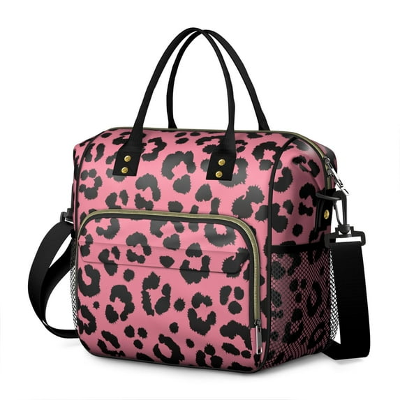 Pink and Black Of Leopard Print Womens Lunch Box for Work,Insulated Large Lunch Bag for Tween and Teen,Loncheras Para Mujer,Leakproof Adult Lunch Bag for Work,Beach,Travel,Picnic,Camping