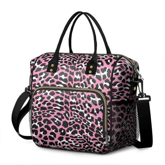 Pink and Black Of Leopard Print Womens Lunch Box for Work,Insulated Large Lunch Bag for Tween and Teen,Loncheras Para Mujer,Leakproof Adult Lunch Bag for Work,Beach,Travel,Picnic,Camping