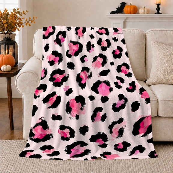 Pink Black Leopard Spots on Pale Field, Bold Modern Style for Animal Print Fans, Fashion Wild Motif and Birthday Gift, Cozy Flannel Blanket for Bedroom and Dorm, Home Decor