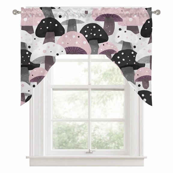 Pink Black Mushroom Kitchen Curtains Swag Valance for Windows/Bathroom/Cafe, Fall Botanical Polka Dots Rod Pocket Drape Panel Swag Curtains Valance for Bedroom/Living Room 56"x36"