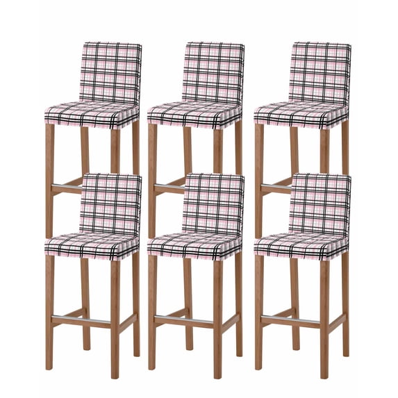 Pink Black Plaid Bar Stool Covers Set of 6, Farmhouse Pink Black Checkered Stretch Washable Bar Chair Covers with Backs, Removable Pub Counter Height Chair Cover for Kitchen Dining Room Cafe
