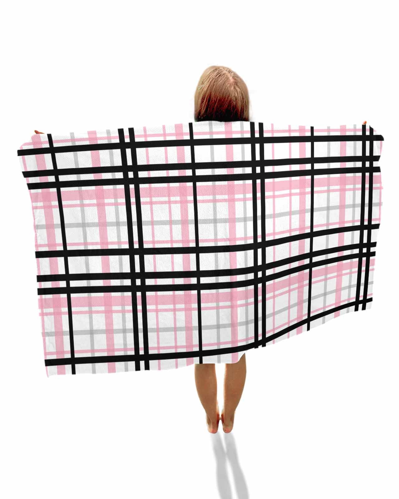 Pink Black Plaid Beach Towels Oversized Super Absorbent, Farmhouse Pink Black Checkered Lightweight Bath Towel Quick Dry Sets For Bathroom/Pool/Rv Camping/Beach Play/Gym Room/Picnic 31"x62"