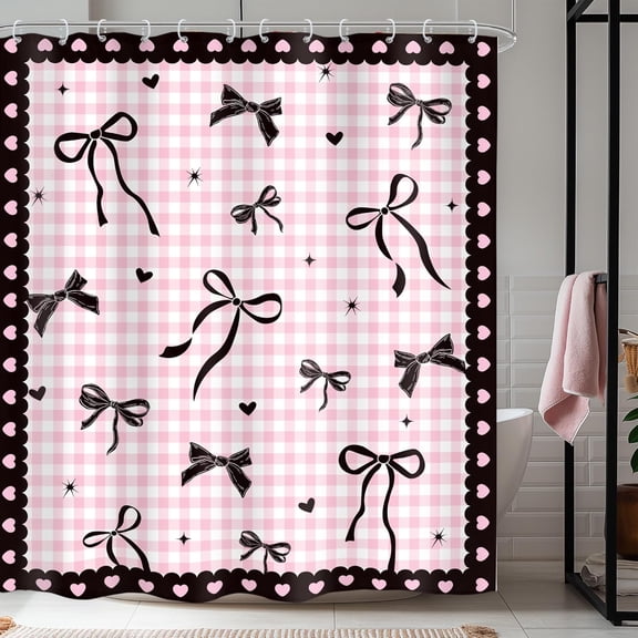 Pink Black Plaid Bow Shower Curtain Girly Preppy Modern Fashion Pretty Sweet Aesthetic for Girls Women Cloth Fabric Waterproof Polyester Bathroom Home Decor Set with Hooks 72"W x 72"L (Pack of 1)