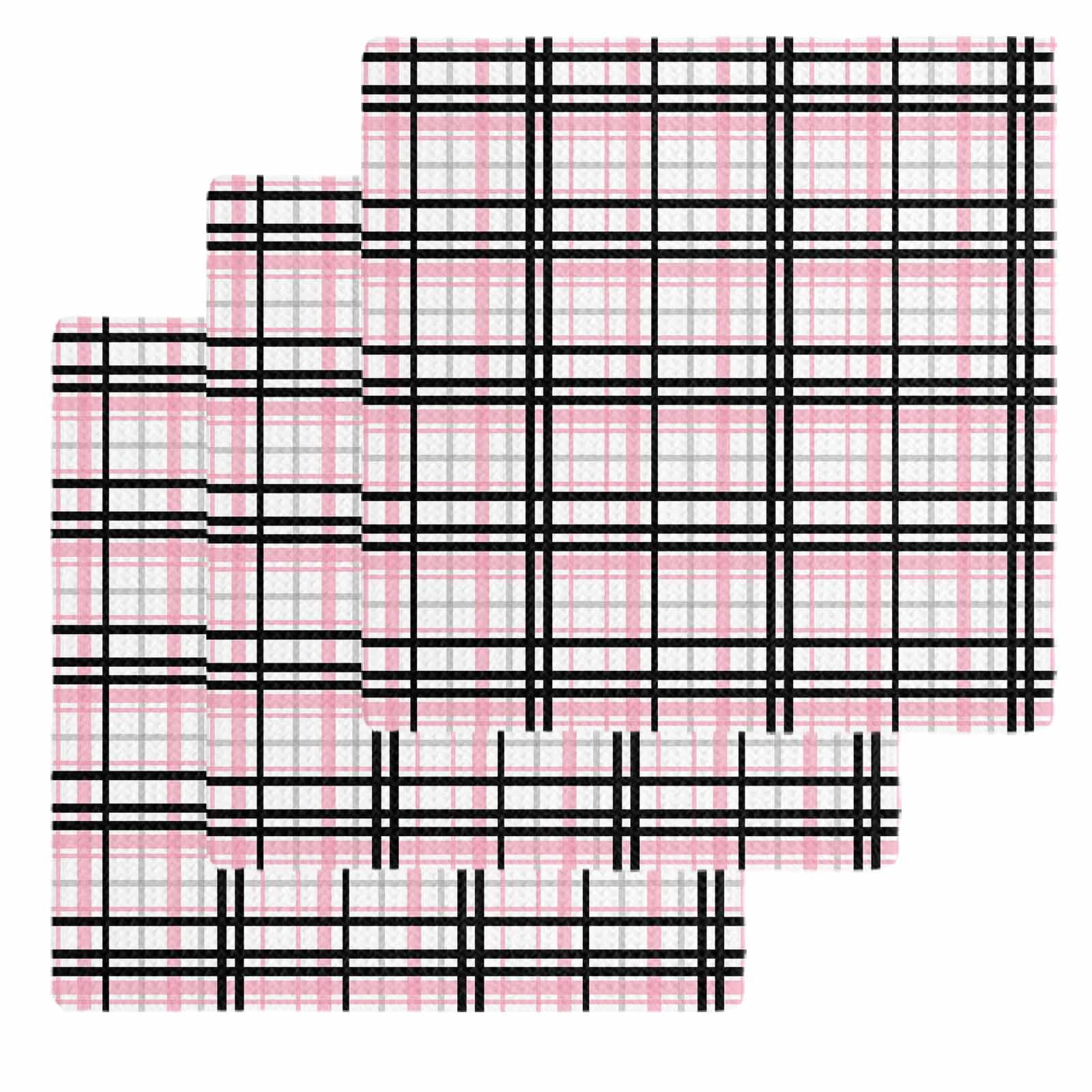 Pink Black Plaid Dish Towels Set, Waffle Weave Kitchen Towels 3 Pieces, Farmhouse Pink Black Checkered Microfiber Hair Face Bath Tea Towel Absorbent Quick Drying Cleaning Dish Cloths 12"x12"