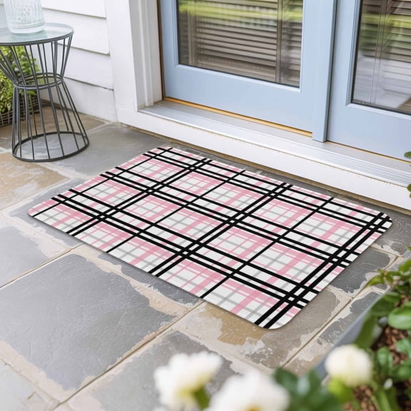 Pink Black Plaid Door Mat Indoor Outdoor, Farmhouse Pink Black Checkered Non Slip Welcome Mat with Rubber Backing, Absorbent Fabric Front Door Mats Entryway Rug for Home Patio Entrance 24"x36"