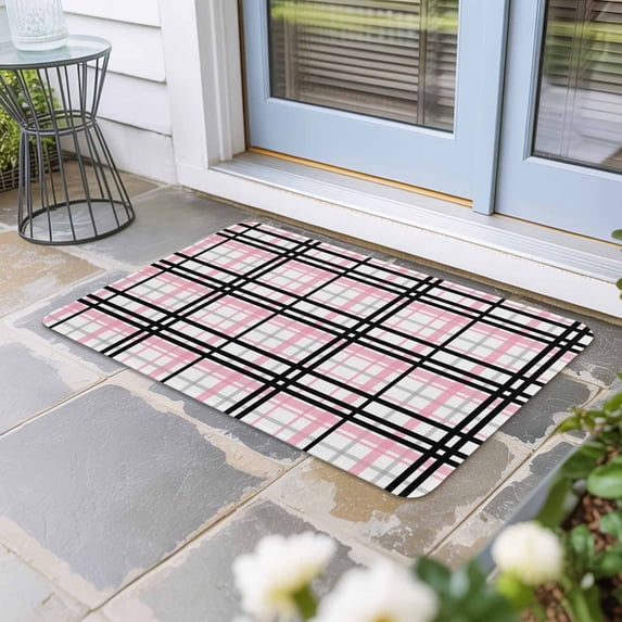 Pink Black Plaid Door Mat Indoor Outdoor, Farmhouse Pink Black Checkered Non Slip Welcome Mat with Rubber Backing, Absorbent Fabric Front Door Mats Entryway Rug for Home Patio Entrance 18"x30"