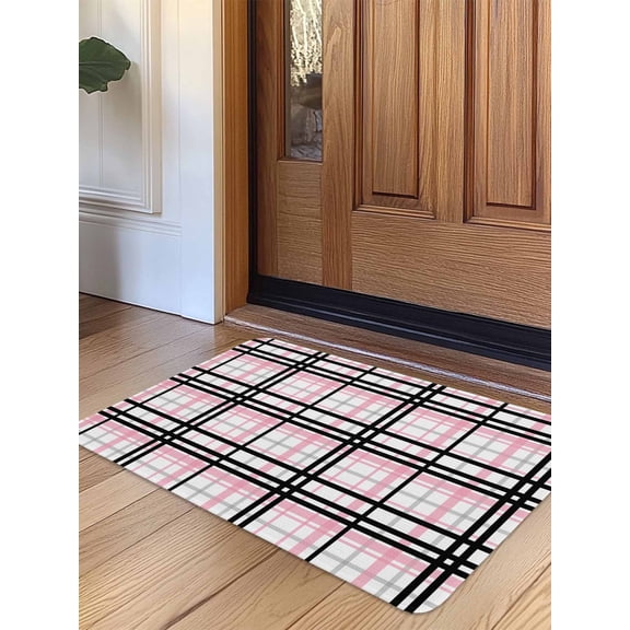 Pink Black Plaid Door Mat Indoor Outdoor Entrance, Non Slip Small Rug for Kitchen Bathroom Entryway Rug, Farmhouse Pink Black Checkered Washable Doormat Floor Mat 16x24 Inch
