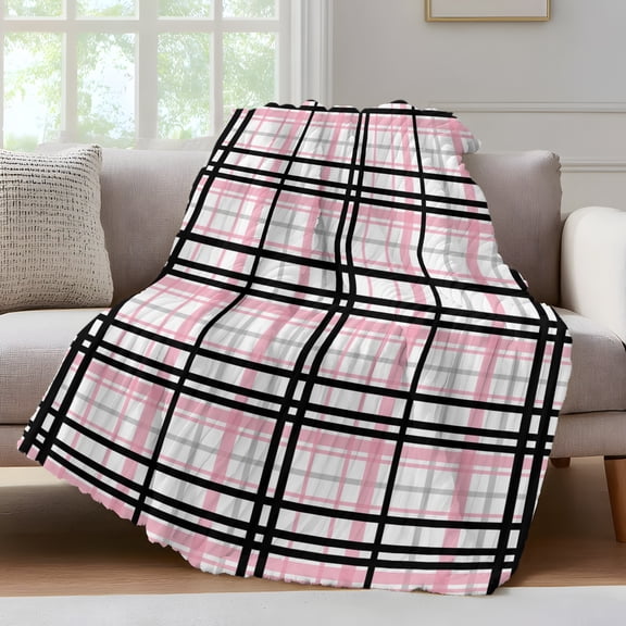 Pink Black Plaid Fleece Throw Blanket for Couch, Farmhouse Pink Black Checkered Microfiber Flannel Blanket for All Season, Lightweight Soft Throw Blankets for Baby, Kids, Pets, 30"x40"