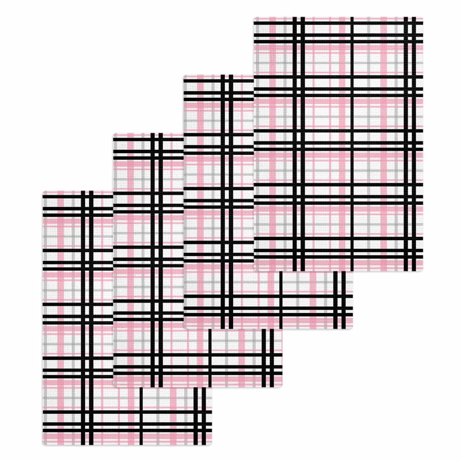 Pink Black Plaid Hand Towels Set, Waffle Weave Kitchen Towels 4 Pieces, Farmhouse Pink Black Checkered Microfiber Hair Face Bath Tea Towel Absorbent Quick Drying Cleaning Dish Cloths 15.7"x23.6"