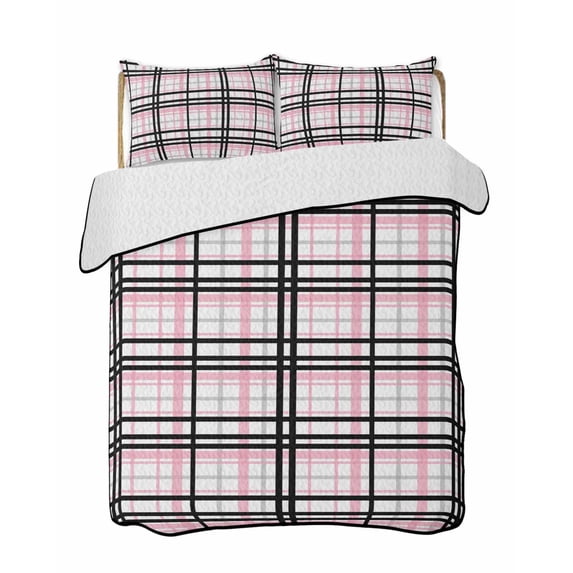 Pink Black Plaid Summer Quilt Set King Size, Soft Microfiber Quilted Bedding Set with 2 Pillow Shams, Farmhouse Pink Black Checkered Lightweight All Season Bedspread Coverlet for Bedroom 96"x106"