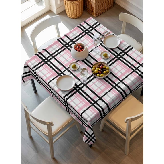 Pink Black Plaid Tablecloth Square Table Cloth 54x54, Waterproof Outdoor Table Cloth Covers Decorative Table Protector, Farmhouse Pink Black Checkered Washable Table Cover for Kitchen Dinning Party