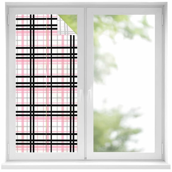 Pink Black Plaid Window Privacy Film, Farmhouse Pink Black Checkered Static Cling UV Sun Blocking Heat Control Window Tint Day and Night, Non-Adhesive One Way Windows Privacy Cover 19.6''x39.3''