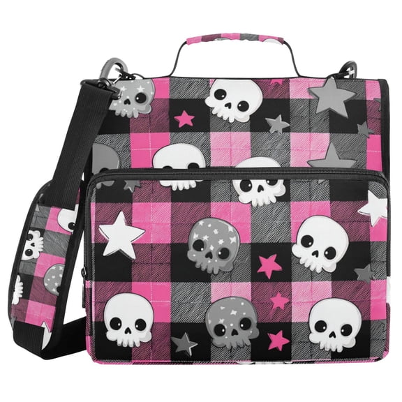 Pink Black Plaids Skulls Stars Cartoon Binder Bag with Shoulder Strap 3 Ring Zipper Binder File Folder Document Storage