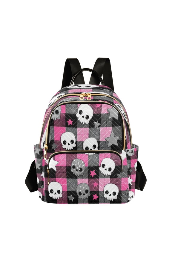 Pink Black Plaids Skulls Stars Cartoon Quilted Backpack Fashion Daypack Commuter Bag for Women 14 L
