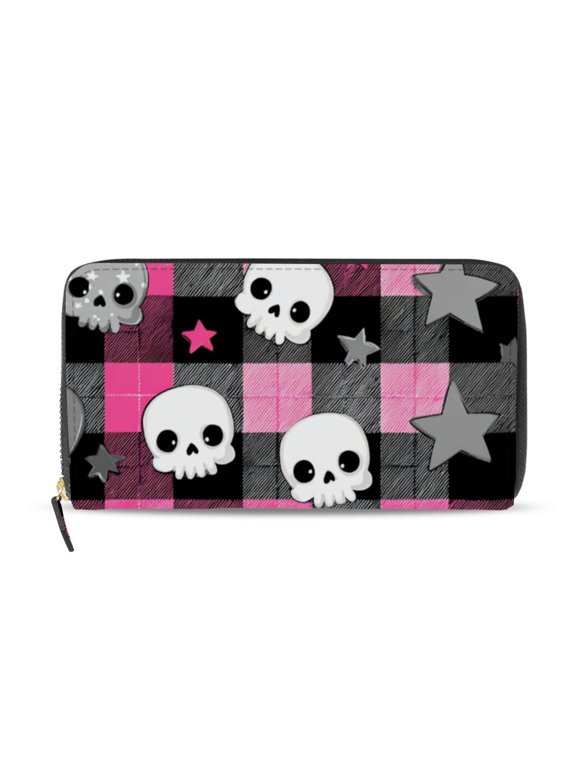 Pink Black Plaids Skulls Stars Cartoon Women's Long Zipper Wallet Bifold Clutch Purse PU Leather Card Cases
