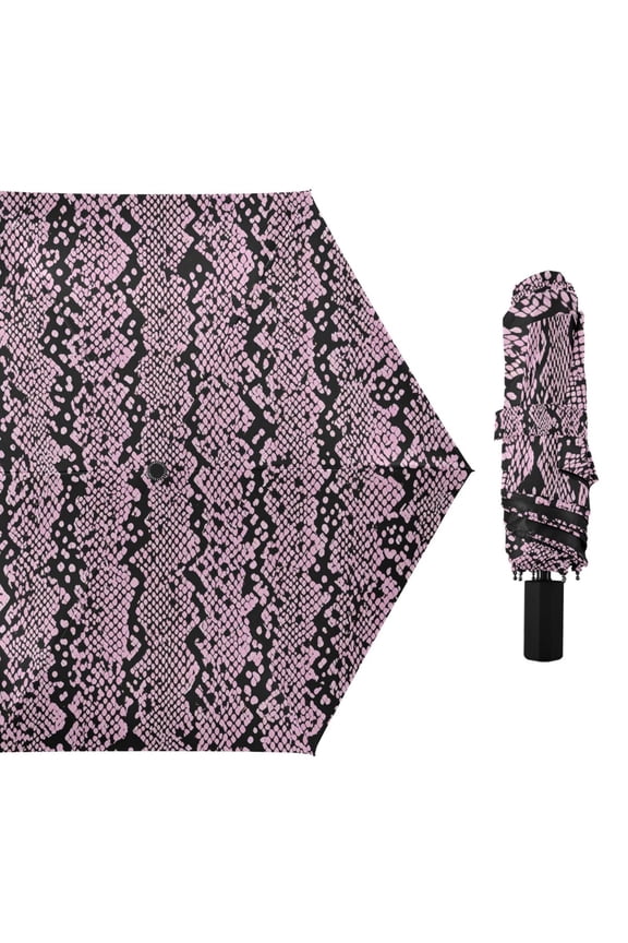 Pink Black Snake Skin Vertical Stripes All Weather Umbrella Triple Folding Parasol 6 Ribs UV Protection Portable