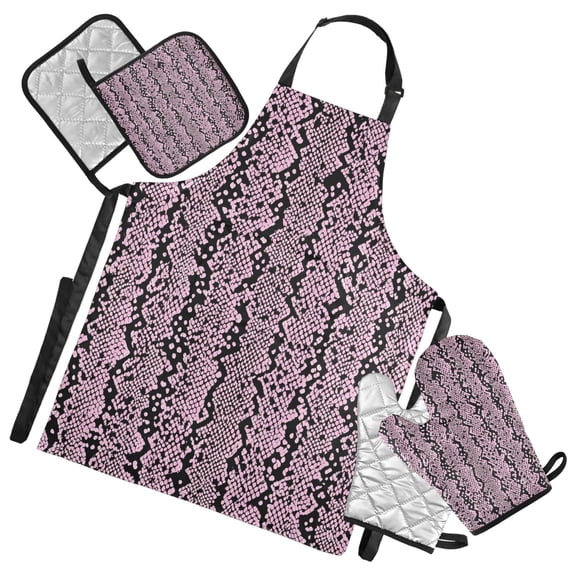 Pink Black Snake Skin Vertical Stripes Apron Set with Oven Mitts Pot Holders Set of 5 Kitchen Stuff Accessories