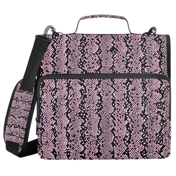 Pink Black Snake Skin Vertical Stripes Binder Bag with Shoulder Strap 3 Ring Zipper Binder File Folder Document Storage
