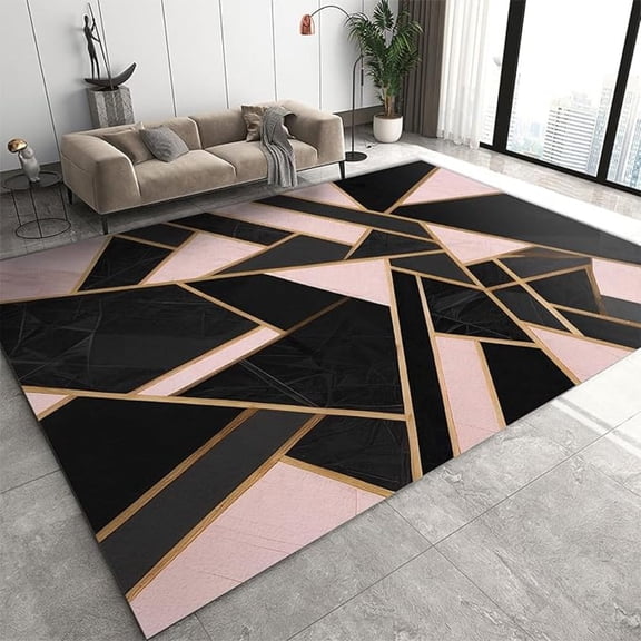 Pink And Black Triangle Pattern Area Rug, Abstract Golden Twisted Lines Indoor Rugs, With Anti-Slip Backing Washable Large Carpet For Living Room Bedroom Study Dining Room 5x8ft