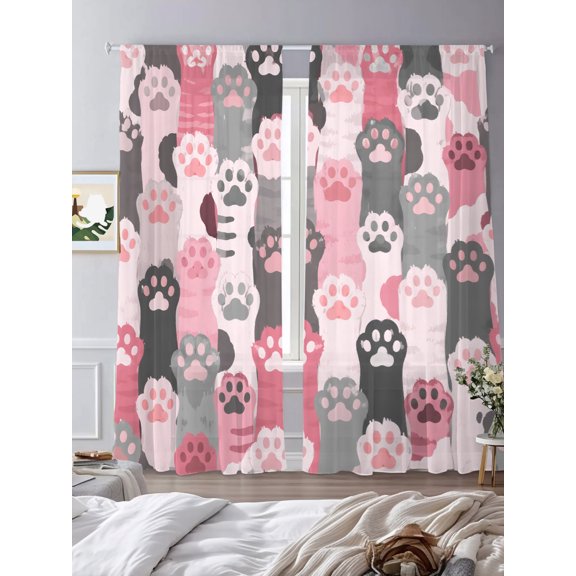 Pink Black Vertical Cat Paws Chiffon Sheer Curtains 84 Inches Long Cartoon Cute Kitty Pattern Rod Pocket Window Curtains Voile Drapes Curtains for Living Room Bedroom,2 Panels
