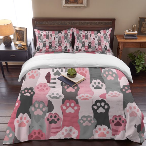 Pink Black Vertical Cat Paws Queen Size Bed Set,Cartoon Cute Kitty Pattern Bedding for All Seasons,4 Pcs Bed Set,1 Quiltcover (90"x90"),1 Sheet (90"x102"),2 Pillowcases (20"x30")