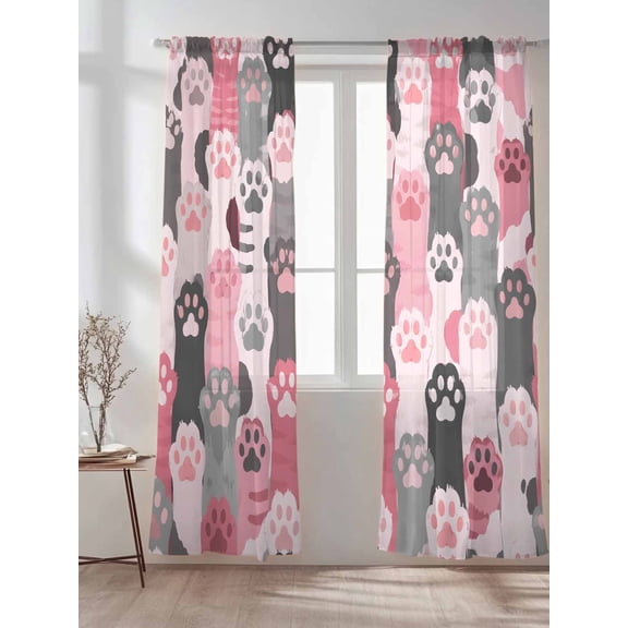 Pink Black Vertical Cat Paws Sheer Curtains 2 Panels Set Cartoon Cute Kitty Pattern Lihgt Filtering Rod Pocket Voile Drape,Semi Sheer Window Curtains for Bedroom Living Room,52"x84"