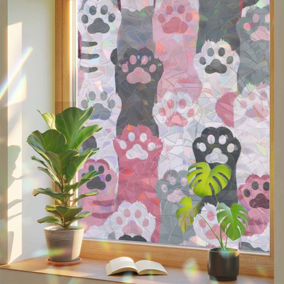Pink Black Vertical Cat Paws Window Privacy Film, Rainbow Film Decorative Window Sticker 17.7x39.3in, Cartoon Cute Kitty Pattern Sun Blocking Static Stained Glass Cling Tint Non-Adhesive