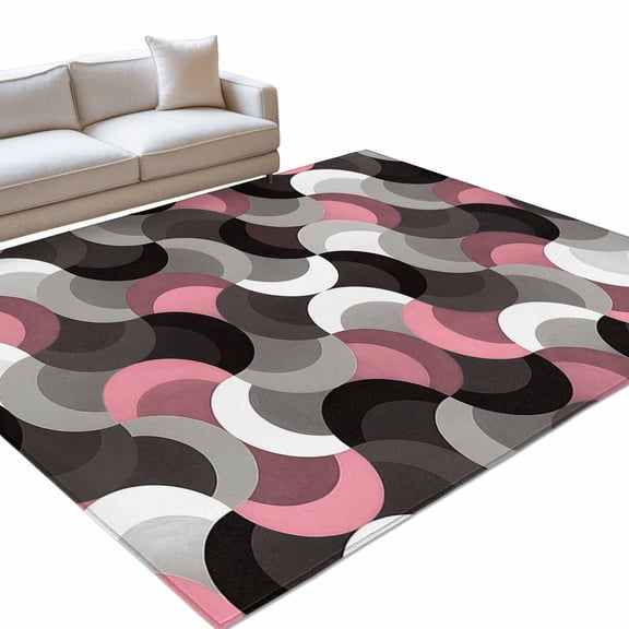 Pink Black Wavy 6x9ft Non Slip Area Rug Medieval Abstract White Grey Pink Black Texture Washable Soft Area Rugs for Living Room, Indoor Circle Carpet for Bedroom Dining Room Kitchen