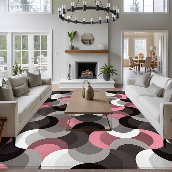 Pink Black Wavy 8x10 Area Rug for Living Room Sectional Sofa, Medieval Abstract White Grey Pink Black Texture Washable Non Slip Large Rectangle Area Rug