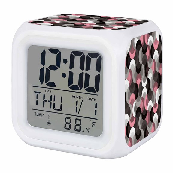Pink Black Wavy Alarm Clock, Medieval Abstract White Grey Pink Black Texture Digital Clock Night Light with 7 Color, Calendar Temperature Display, LED Desk Small Clock for Bedrooms Living Room