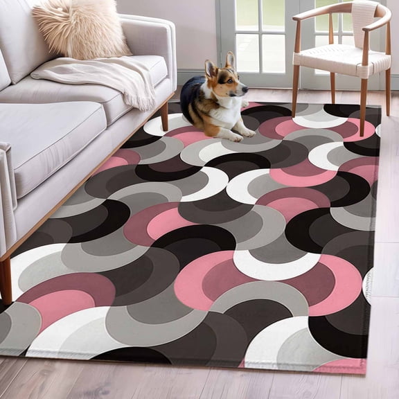 Pink Black Wavy Area Rugs 3x5 ft Medieval Abstract White Grey Pink Black Texture Washable Rug Non Slip Indoor Carpet Absorbent Floor Mat for Living Room Bedroom Dining Room