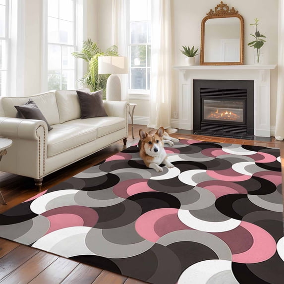 Pink Black Wavy Large Area Rugs 6x9 ft Medieval Abstract White Grey Pink Black Texture Washable Rug Non Slip Indoor Carpet Absorbent Floor Mat for Living Room Bedroom Dining Room