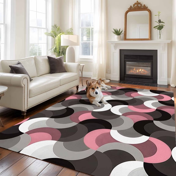 Pink Black Wavy Large Area Rugs 8x10 ft Medieval Abstract White Grey Pink Black Texture Washable Rug Non Slip Indoor Carpet Absorbent Floor Mat for Living Room Bedroom Dining Room