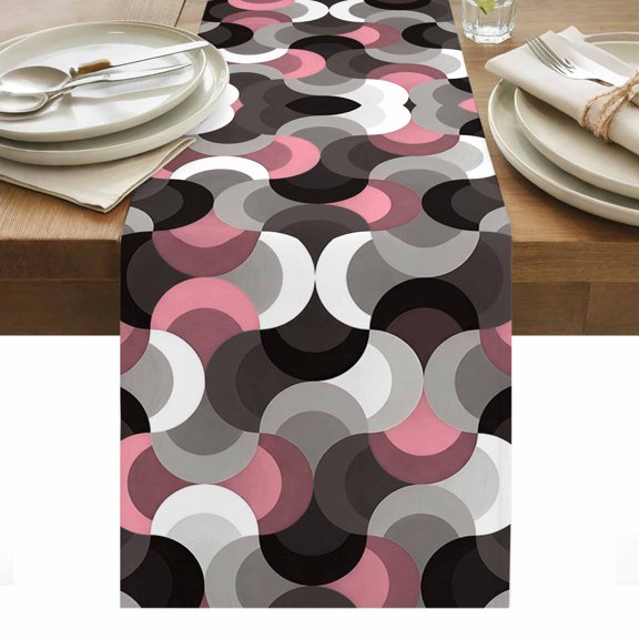 Pink Black Wavy Table Runner 13 x 36 Inch, Medieval Abstract White Grey Pink Black Texture Washable Cotton Linen Dining Table Runner Tabletop Decorations for Restaurant Home Kitchen Party