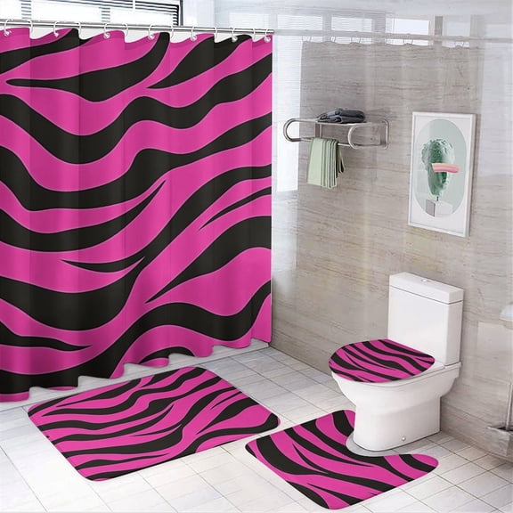 Pink And Black Zebra Print 4 Piece Bathroom Rug Set with Shower Curtain with Non-Slip Rugs Toilet Lid Cover And Bath Mat Bathroom Decor Set Zebra Striped Printed Waterproof Shower Curtain