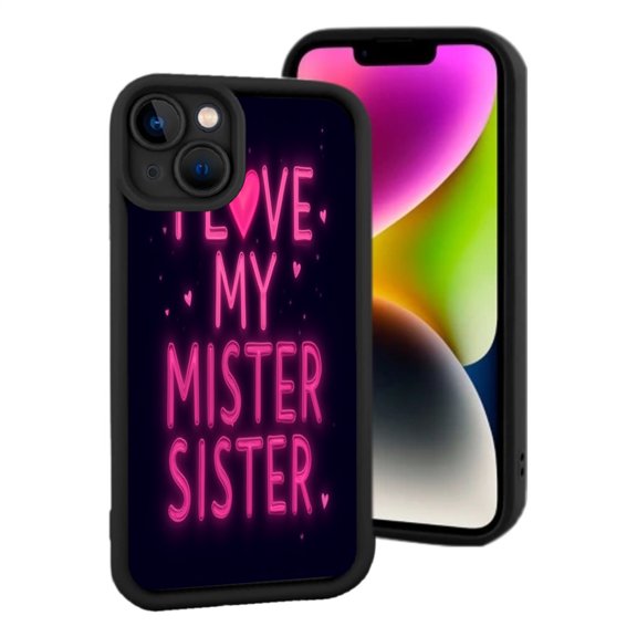 Pink & Black iPhone 15 Case - " I LOVE MY SISTER " with Hearts Lightweight & Yellowing Resistant Design