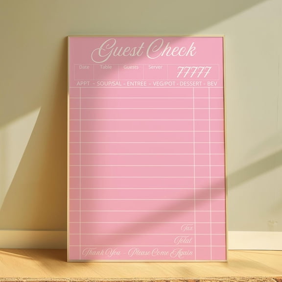 Pink Blank Guest Check Poster, Trendy Wall Art, Apartment Wall Decor, Guest Check Wall Art, Blank Gift Wall Art UNFRAMED PAPER POSTER, Home Decor, Vintage Gift, Living Room Dercor