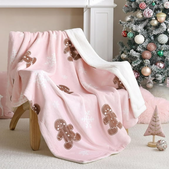 Pink Blanket - Christmas Fluffy Blanket with Gingerbread and Snowflake Pattern - Reversible Sherpa Fleece Soft Blanket - Cozy Lightweight Blanket for Couch Bed Sofa, 50x60 Inches